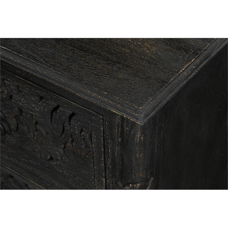 Pemberly Row 2-Drawer Floral Carved Solid Wood Nightstand in Black