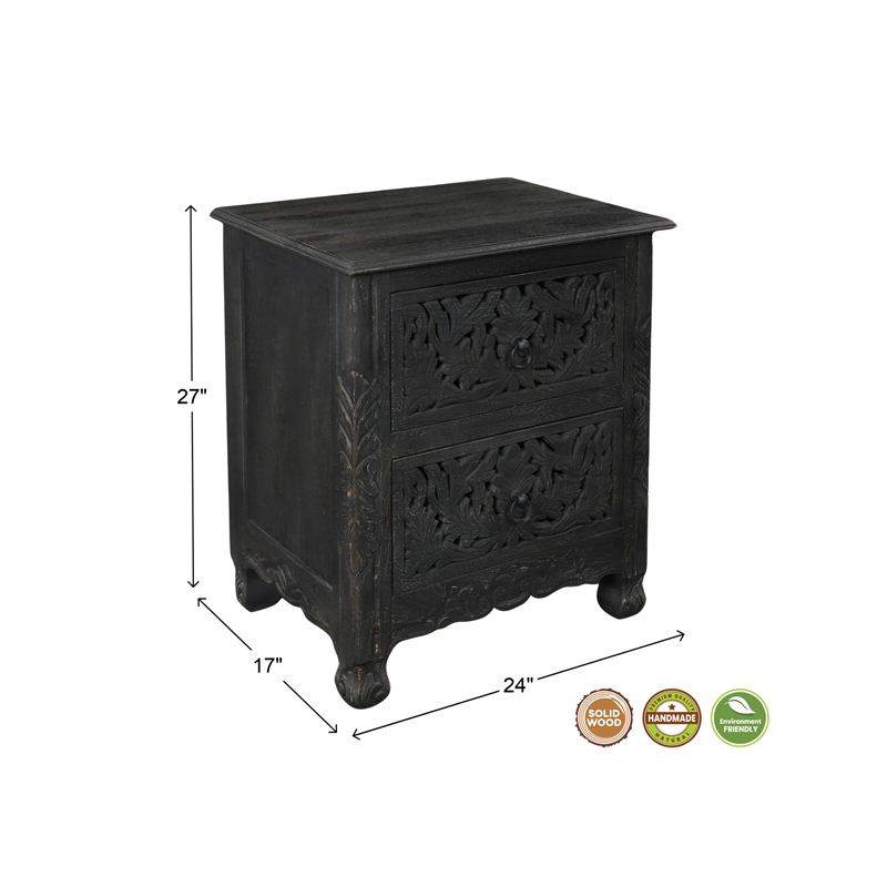 Pemberly Row 2-Drawer Floral Carved Solid Wood Nightstand in Black