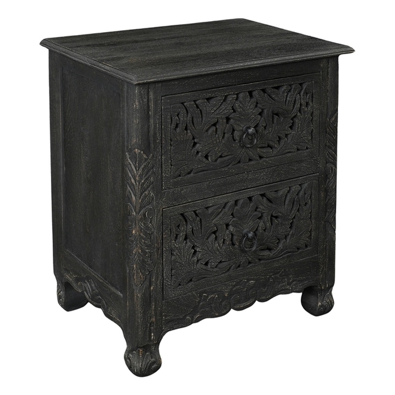 Pemberly Row 2-Drawer Floral Carved Solid Wood Nightstand in Black