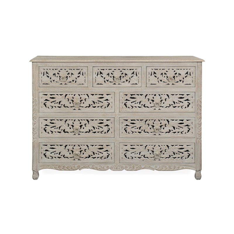 Pemberly Row Farmhouse 9-Drawer Solid Wood Dresser with Floral Carvings in White