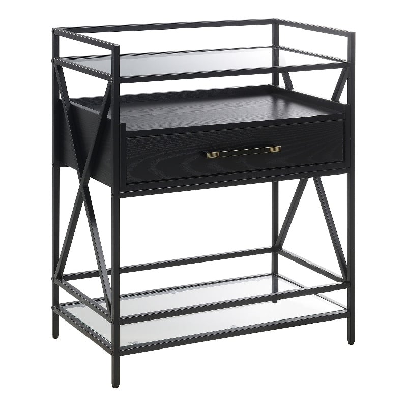 pemberly row serving bar in black wood finish with metal frame