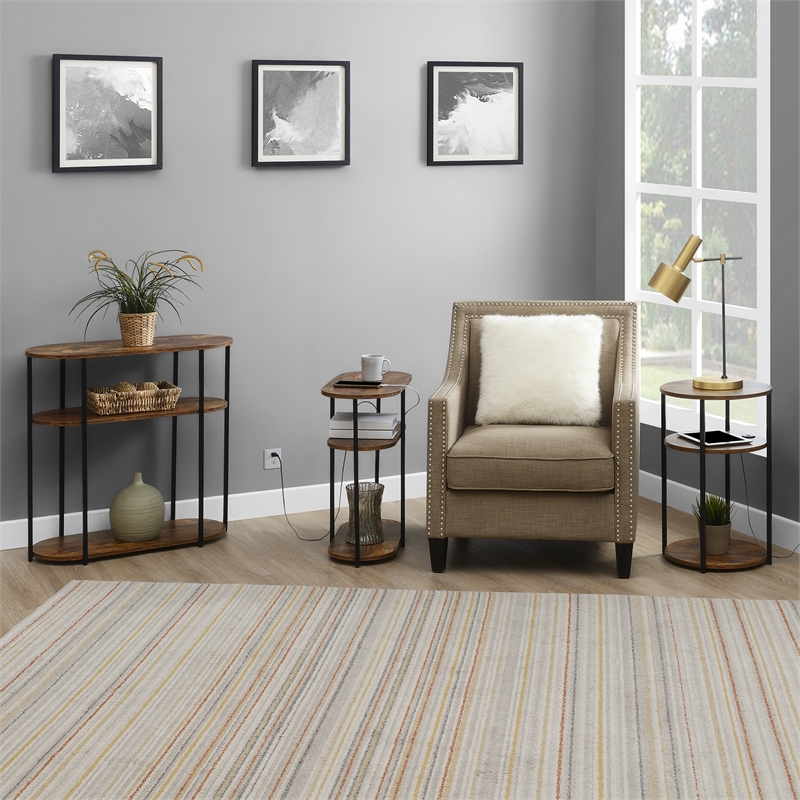 Pemberly Row Oval Chairside End Table with USB Ports in Walnut Wood