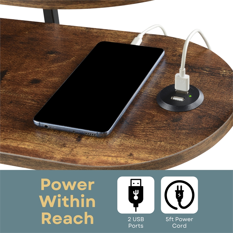 Pemberly Row Oval Chairside End Table with USB Ports in Walnut Wood