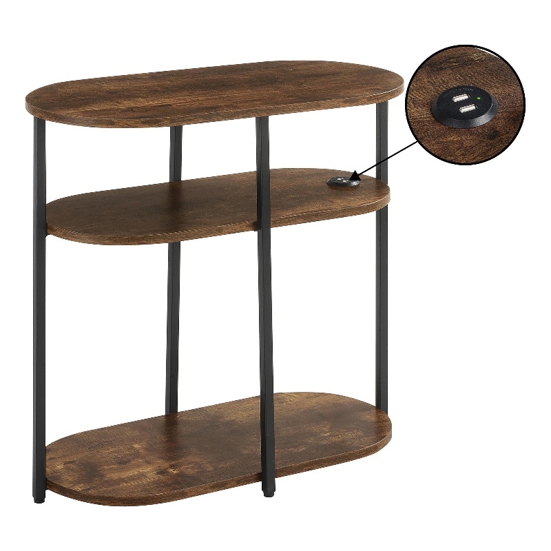 Pemberly Row Oval Chairside End Table with USB Ports in Walnut Wood