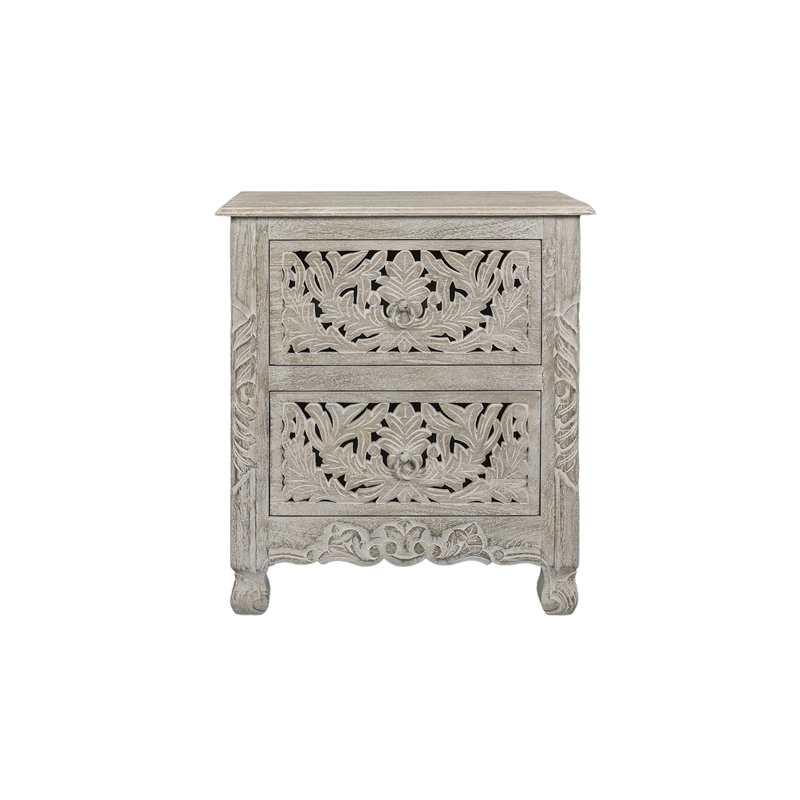 Pemberly Row Monte 2-Drawer Floral Carved Wood Nightstand in Gray
