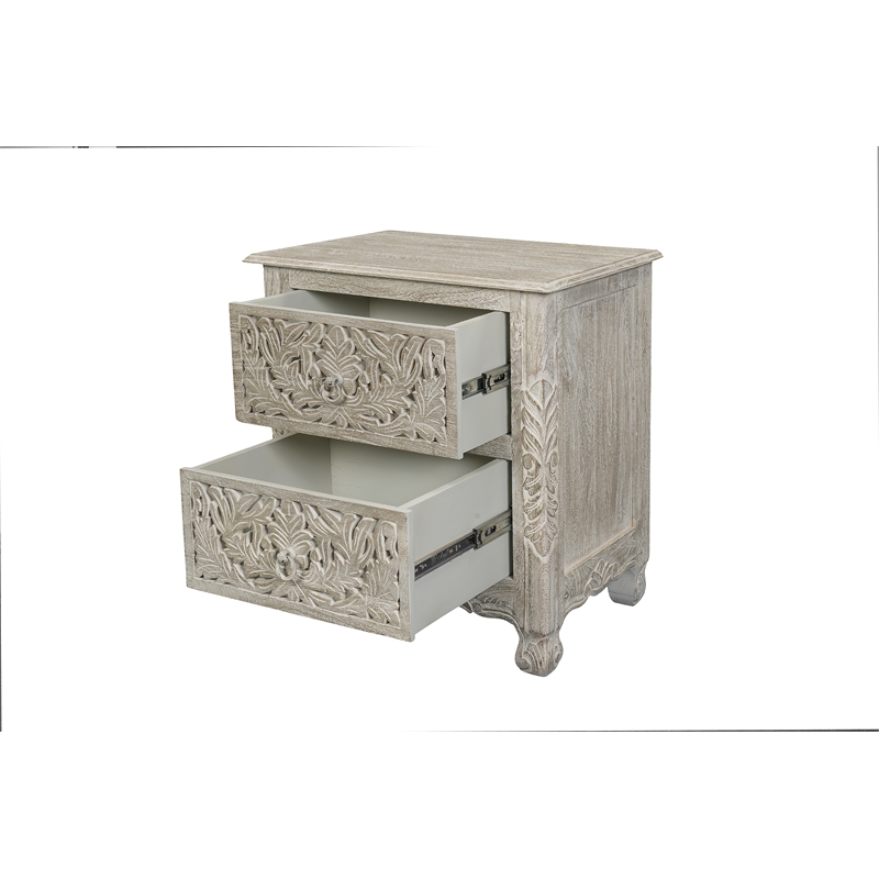 Pemberly Row Monte 2-Drawer Floral Carved Wood Nightstand in Gray