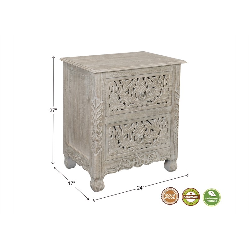 Pemberly Row Monte 2-Drawer Floral Carved Wood Nightstand in Gray