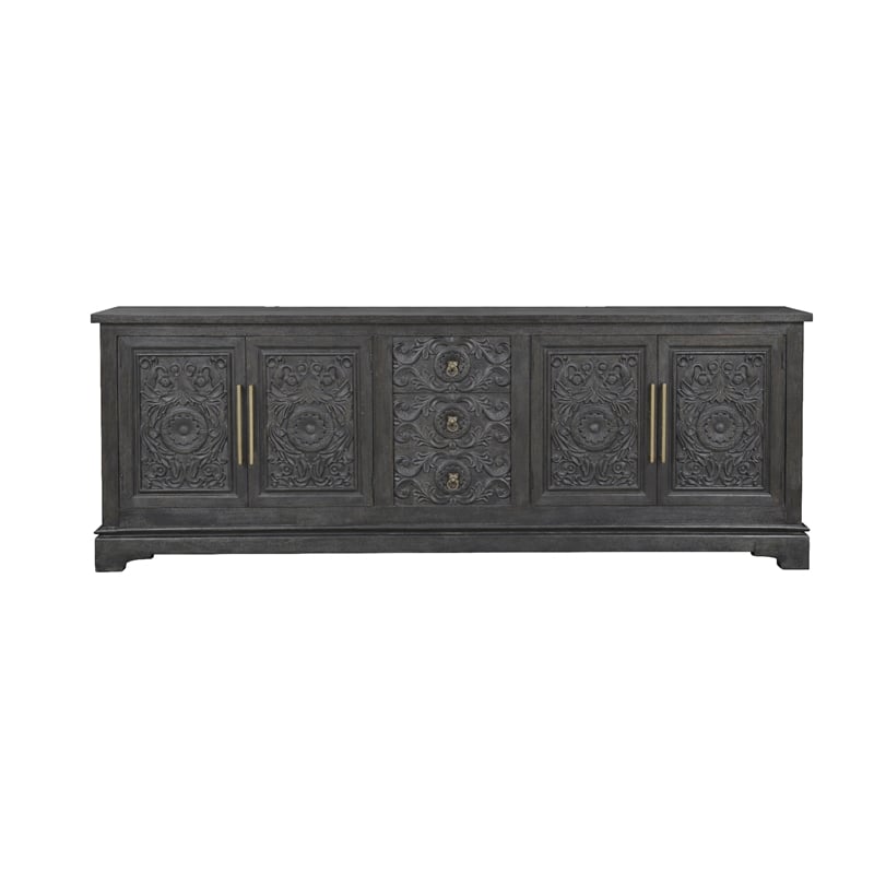 Pemberly Row Isabella 3-Drawer 4-Door Solid Wood Sideboard in Black