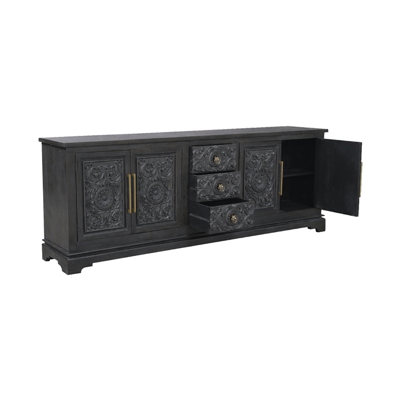 Pemberly Row Isabella 3-Drawer 4-Door Solid Wood Sideboard in Black