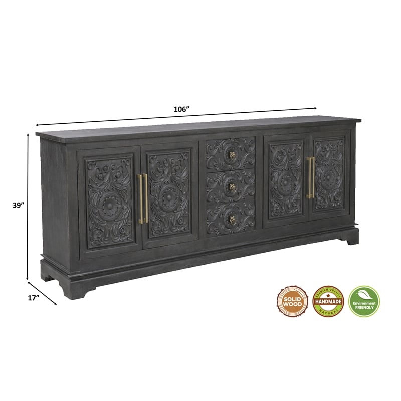 Pemberly Row Isabella 3-Drawer 4-Door Solid Wood Sideboard in Black