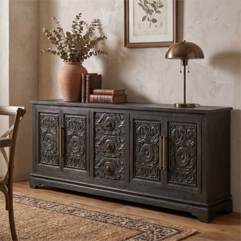 Pemberly Row Isabella 3-Drawer 4-Door Solid Wood Sideboard in Black