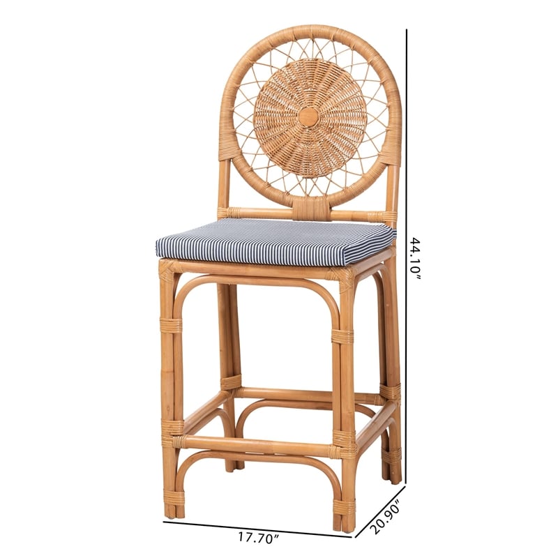 Pemberly Row Natural Rattan Counter Stool with Cushion
