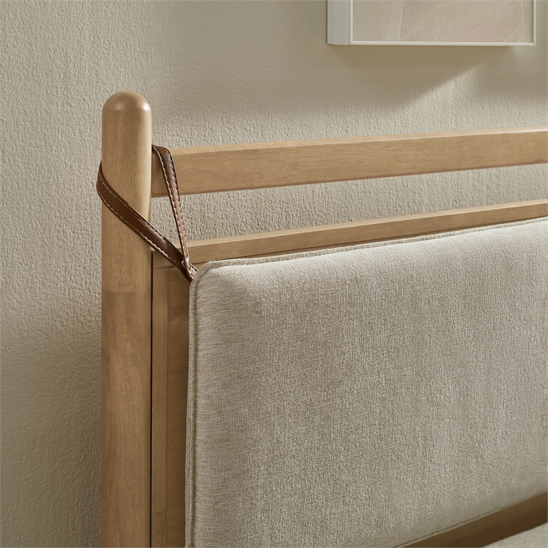 Pemberly Row King Platform Bed in Light Oak and Heathered Ivory Upholstery