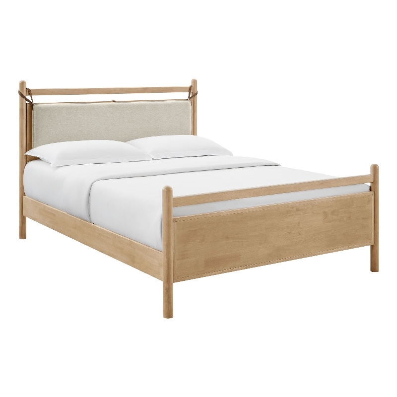 Pemberly Row Queen Platform Bed in Light Oak with Heathered Ivory Upholstery