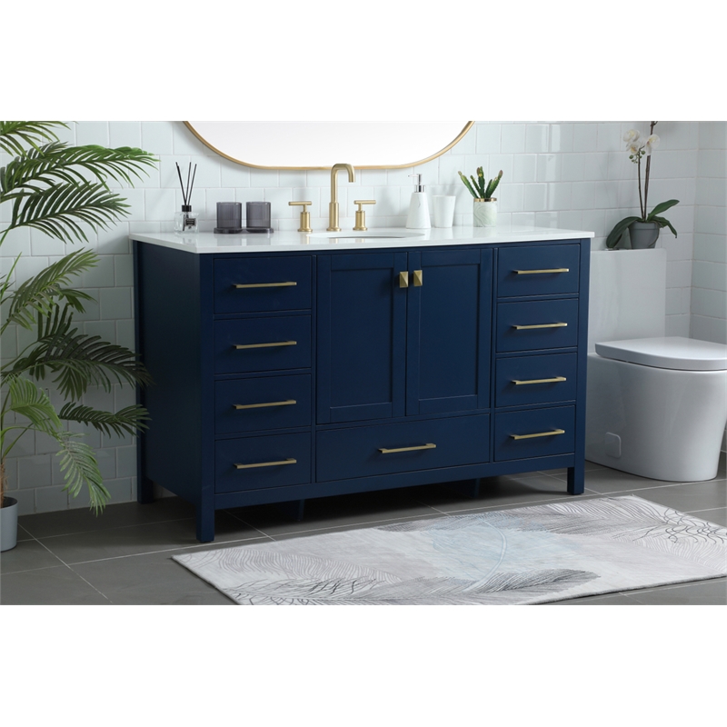 Pemberly Row Solid Wood Bathroom Vanity in Blue with Marble Countertop