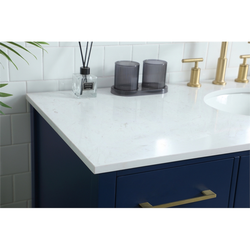 Pemberly Row Solid Wood Bathroom Vanity in Blue with Marble Countertop