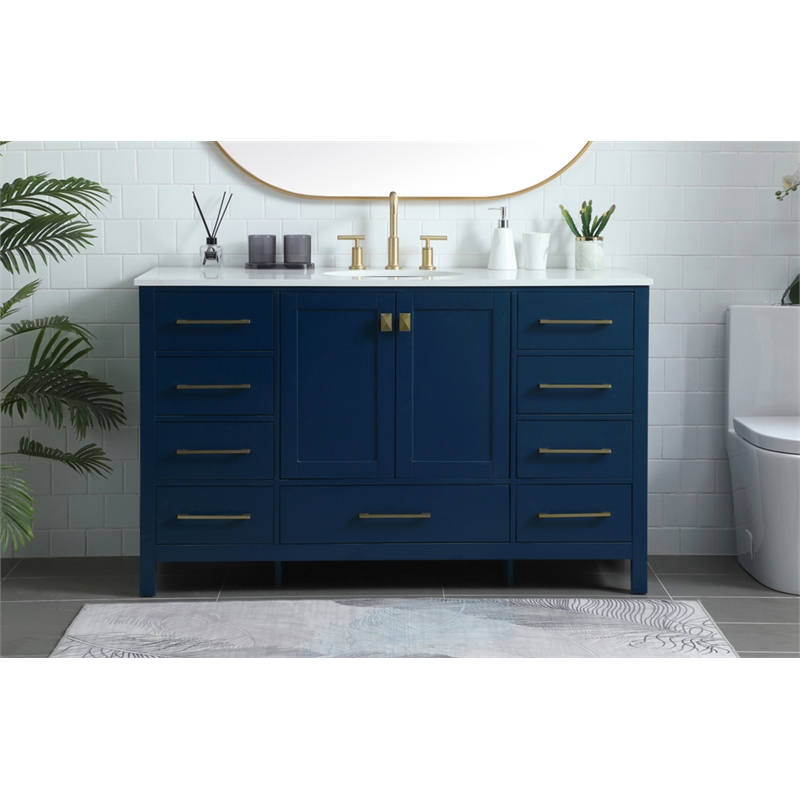 Pemberly Row Solid Wood Bathroom Vanity in Blue with Marble Countertop