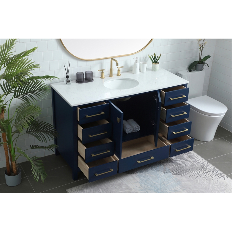 Pemberly Row Solid Wood Bathroom Vanity in Blue with Marble Countertop