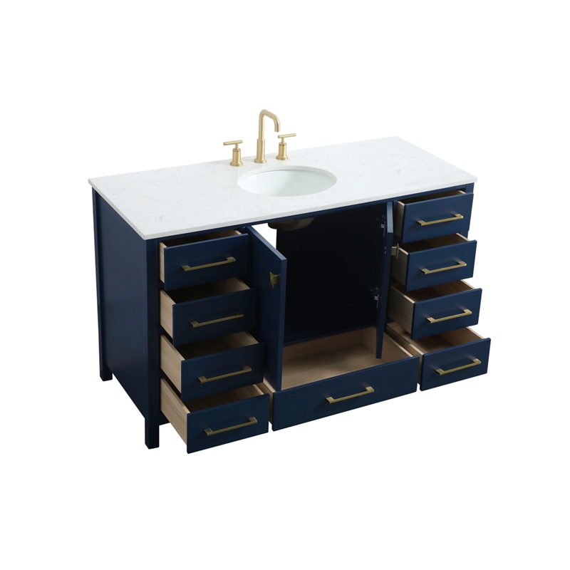 Pemberly Row Solid Wood Bathroom Vanity in Blue with Marble Countertop