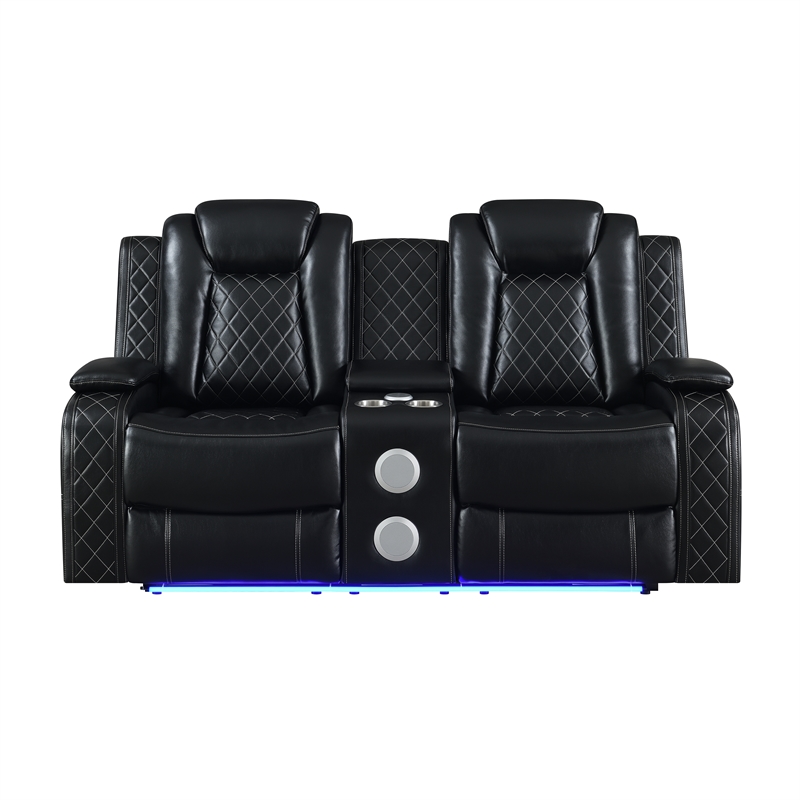 Pemberly Row Faux Leather Power Loveseat with Console in Black
