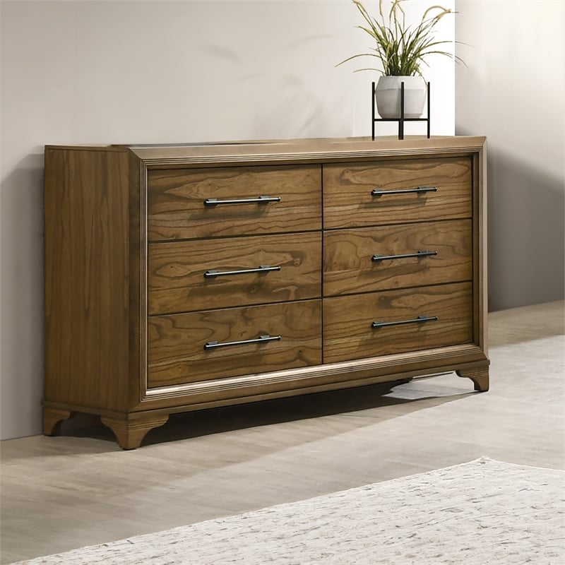 Pemberly Row Wood 6-Drawer Dresser in Honey Finish