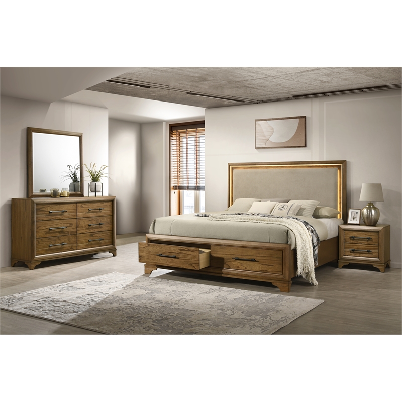 Pemberly Row 4Pc Wood King Bedroom Set with Nightstand in Honey Brown
