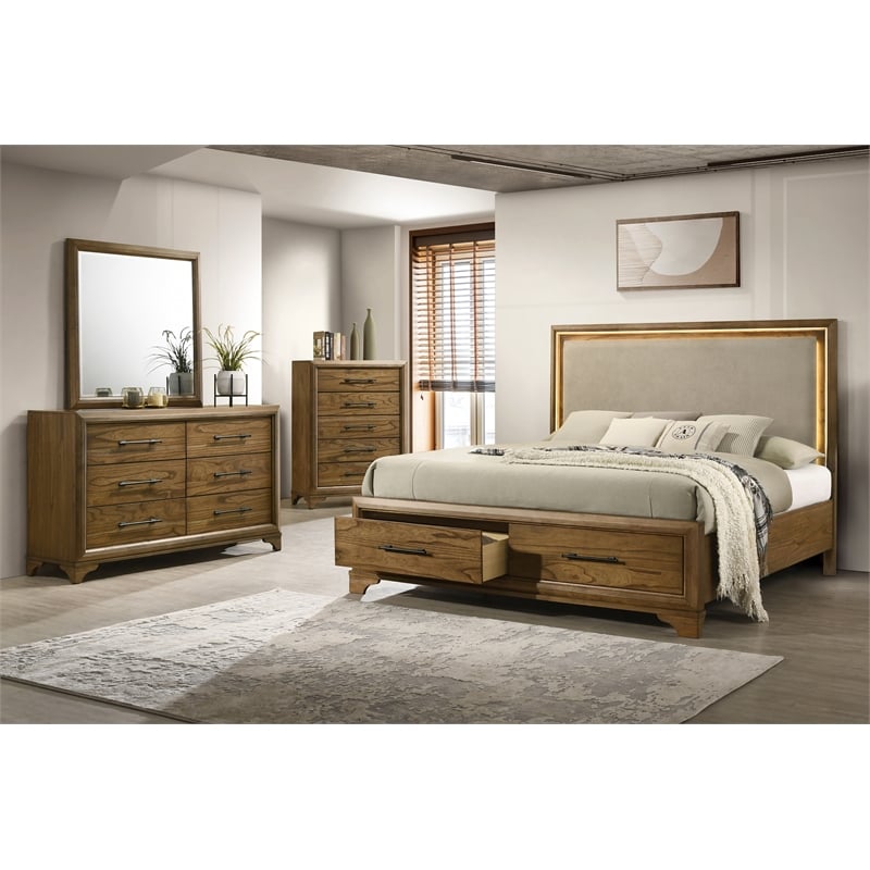 Pemberly Row 4Pc Wood Queen Bedroom Set with Chest in Honey Brown