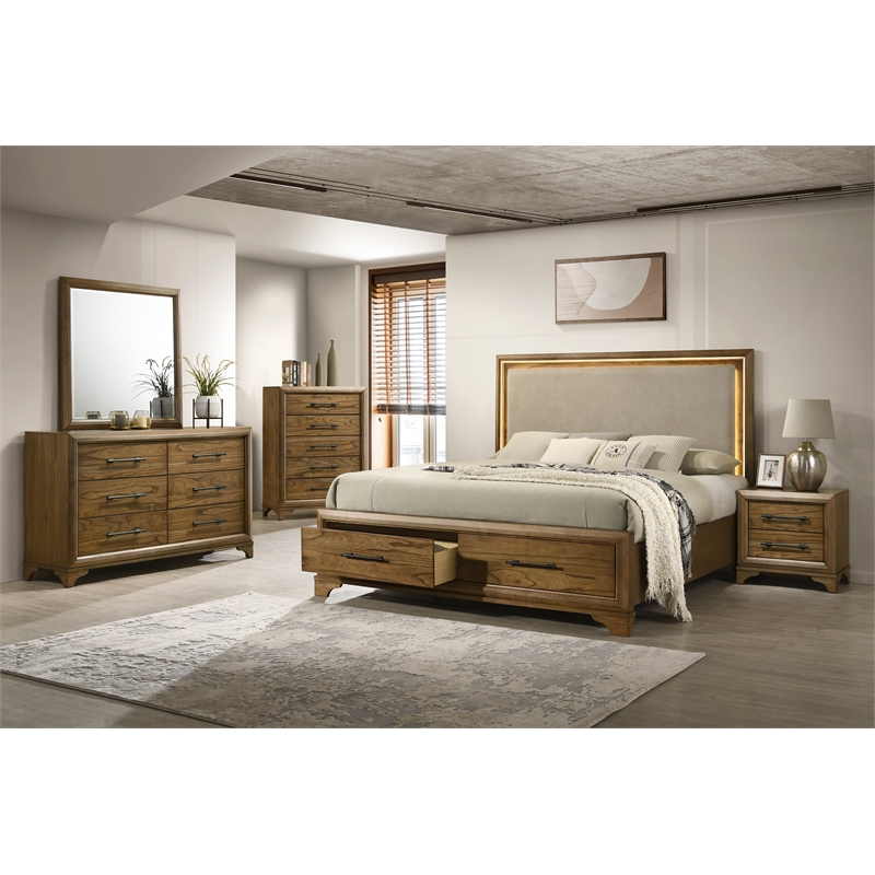 Pemberly Row 5Pc Wood Queen Bedroom Set with Chest in Honey Brown Finish