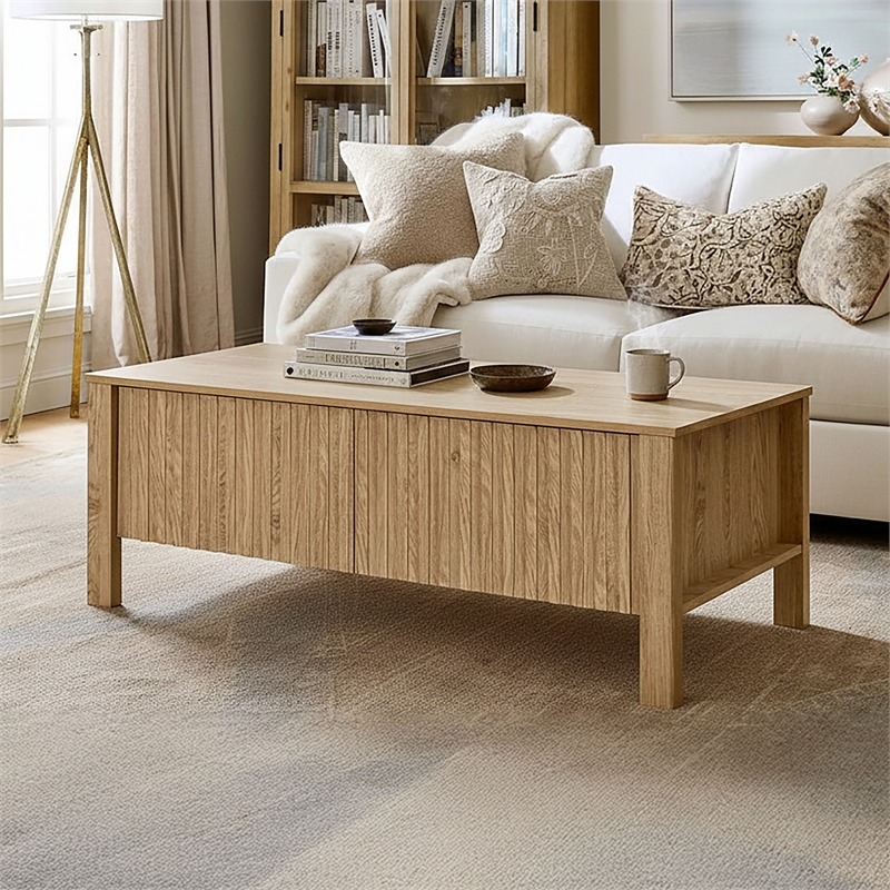 Pemberly Row Natural Wood Coffee Table with Two Drawers
