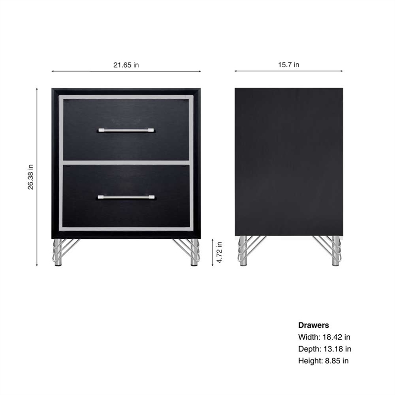 Pemberly Row Rubberwood 2 Drawer Nightstand in Ebony Black