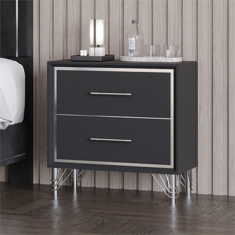 Pemberly Row Rubberwood 2 Drawer Nightstand in Ebony Black