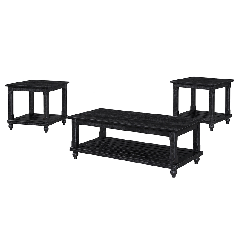 Pemberly Row 3-Piece Pine Occasional Table Set in Distressed Black