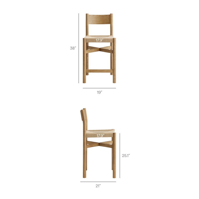 Pemberly Row Oak Wood Counter Stools with Woven Seats Set of 2 in Weathered Oak