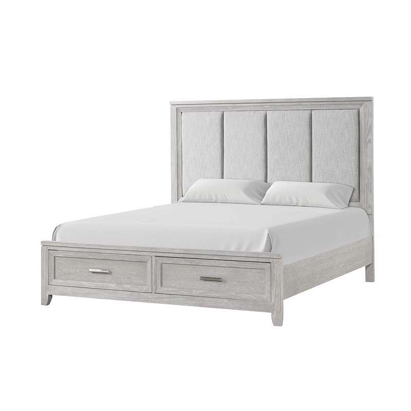 Pemberly Row Fiona King Upholstered Storage Bed in Mist Gray with Oak Veneer