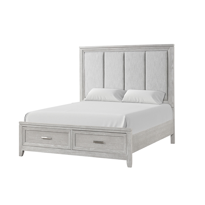 Pemberly Row Fiona Queen Upholstered Storage Bed in Mist Gray with Oak Veneer