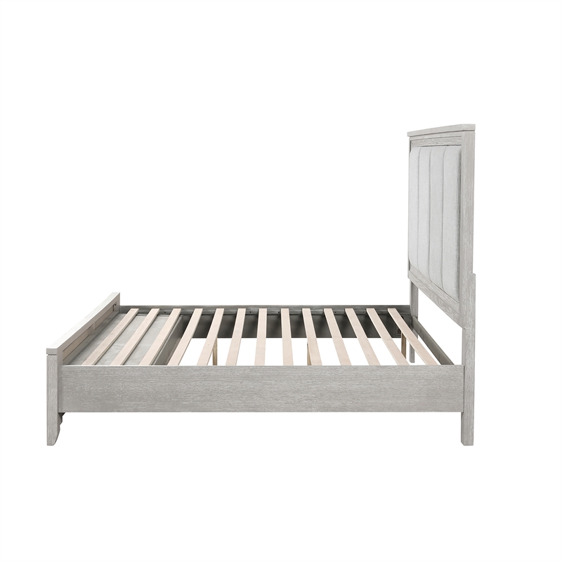 Pemberly Row Fiona Queen Upholstered Storage Bed in Mist Gray with Oak Veneer