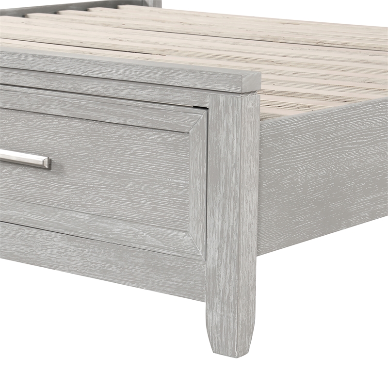 Pemberly Row Fiona Queen Upholstered Storage Bed in Mist Gray with Oak Veneer