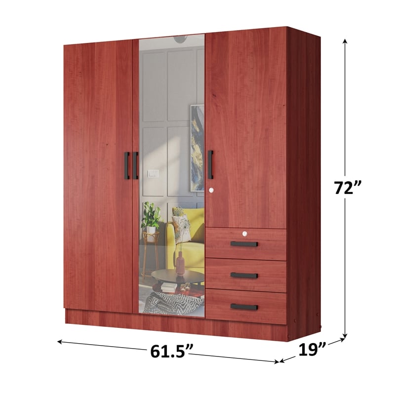 Pemberly Row Engineered Wood 3-Door Wardrobe Armoire with Mirror in Mahogany