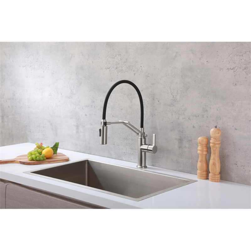 Pemberly Row Brass Kitchen Faucet in Brushed Nickel with Pull-Down Sprayer