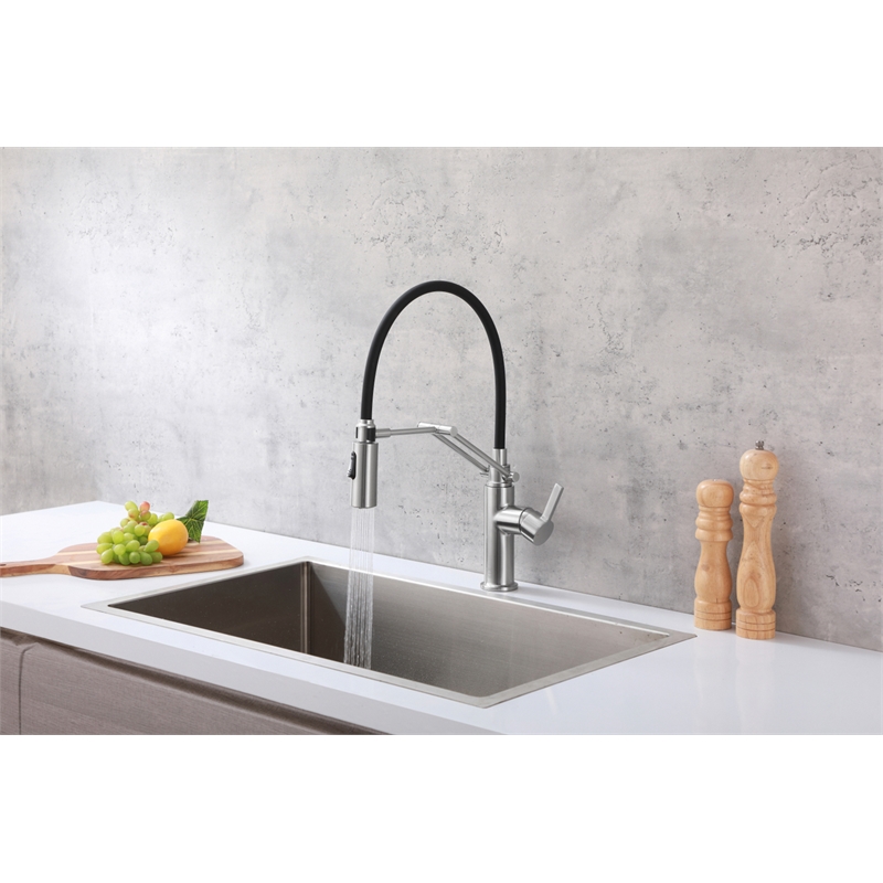 Pemberly Row Brass Kitchen Faucet in Brushed Nickel with Pull-Down Sprayer
