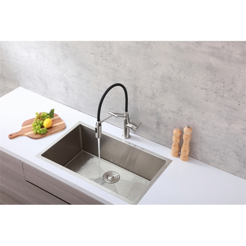 Pemberly Row Brass Kitchen Faucet in Brushed Nickel with Pull-Down Sprayer