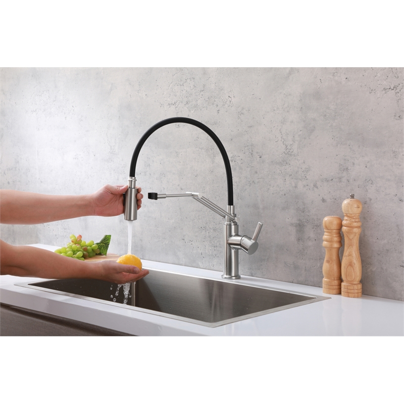 Pemberly Row Brass Kitchen Faucet in Brushed Nickel with Pull-Down Sprayer