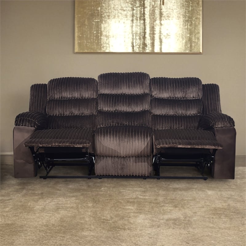 Pemberly Row Reclining Sofa in Wood and Chocolate Brown Fabric
