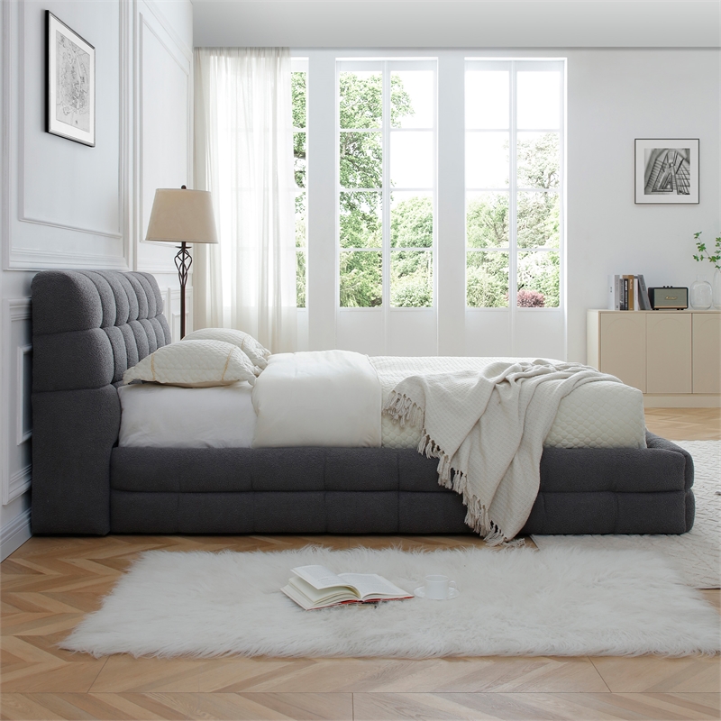 Pemberly Row Queen Upholstered Bed Frame in Dark Gray Fabric