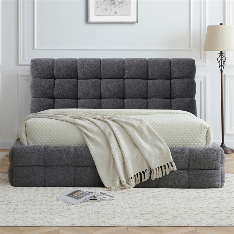 Pemberly Row Queen Upholstered Bed Frame in Dark Gray Fabric