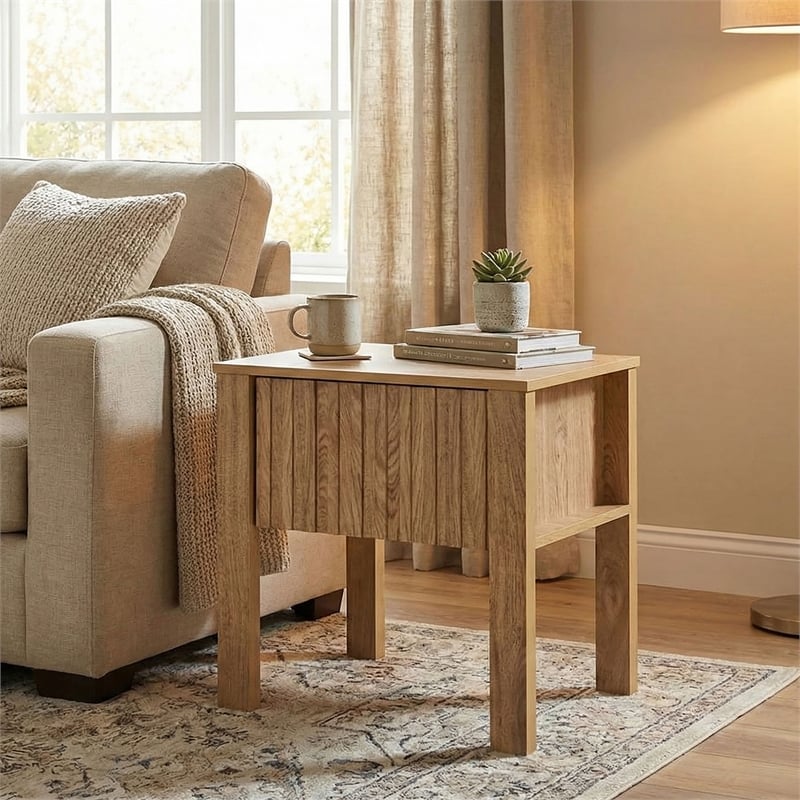 Pemberly Row Wood 1-Drawer End Table with Reeded Accents in Natural Oak