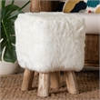 Pemberly Row Faux Fur Footstool with Teak Wood Legs Accent Seat White