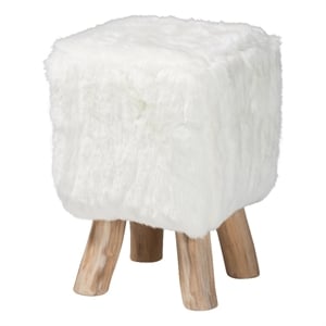 Pemberly Row Faux Fur Footstool with Teak Wood Legs Accent Seat White