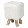 Pemberly Row Faux Fur Footstool with Teak Wood Legs Accent Seat White