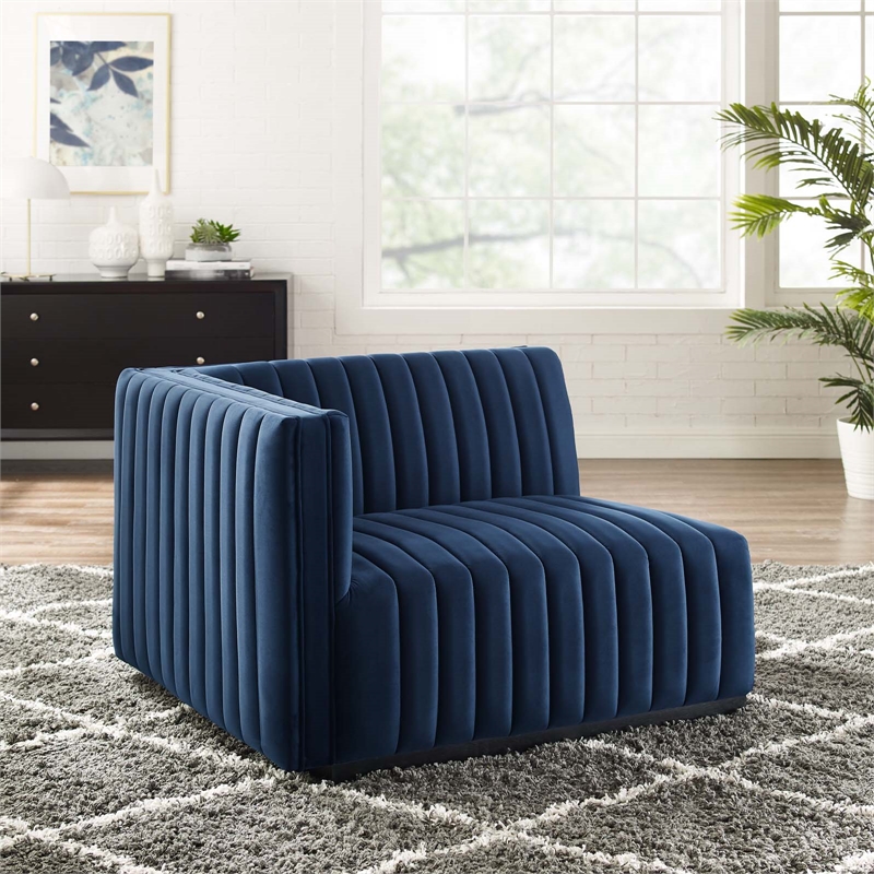 Pemberly Row Channel Tufted Velvet Left-Arm Chair in Midnight Blue